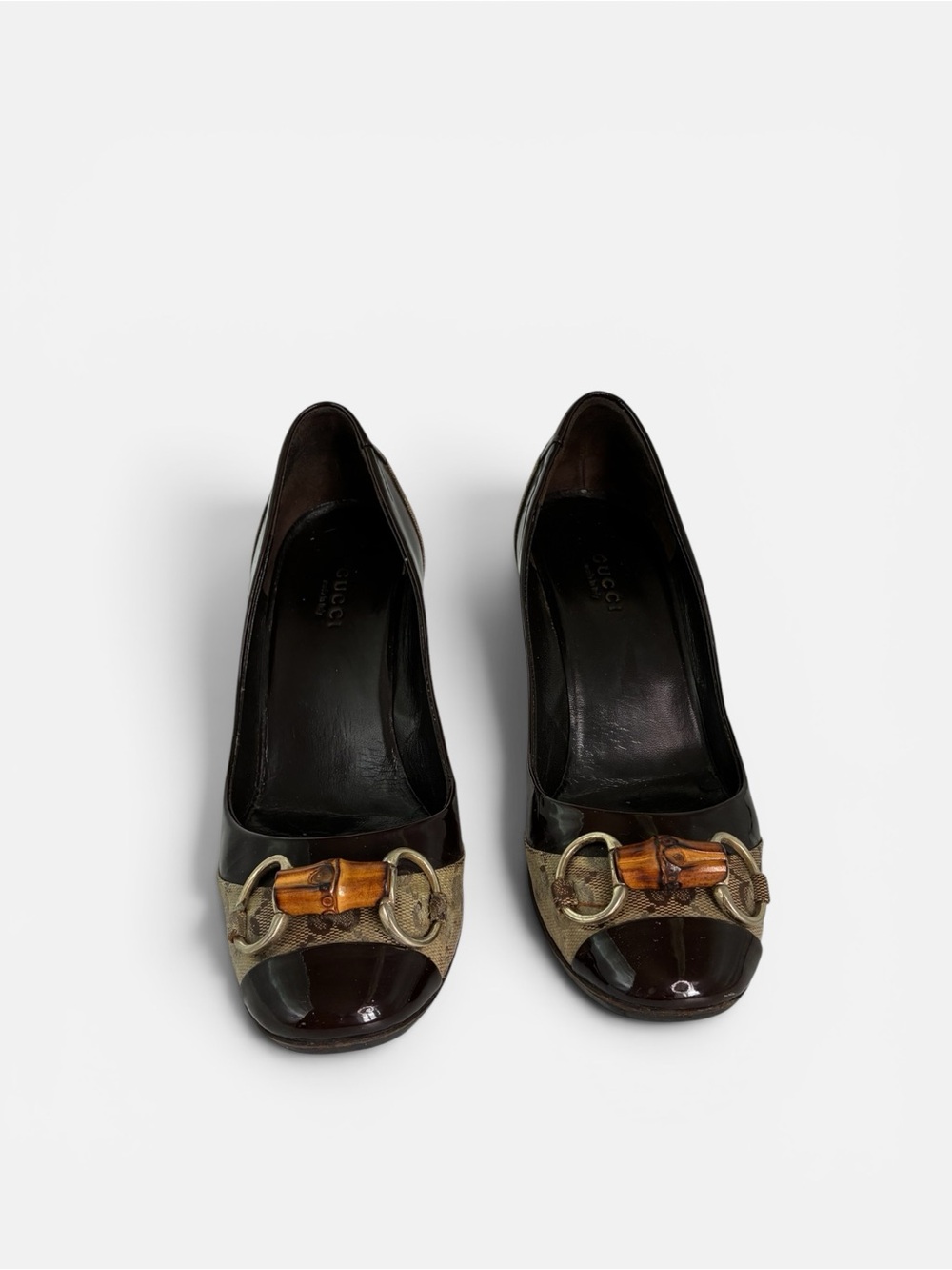 Gucci Dark Brown Leather & Monogram Pumps with Bamboo Accent